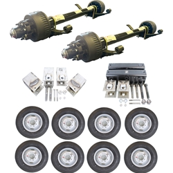 Two Dexter® 12,000 lbs. electric brake trailer axles with a 74" track and 46" spring centers, hangers, equalizers, u-bolts, hangers, and springs with eight ST23580R16E dual wheels and tires.