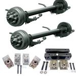 Two Dexter® 10,000 lbs. electric brake axles with a 74" track and 46" spring centers, hangers, equalizers, u-bolts, hangers, and springs without wheels and tires.