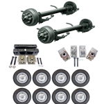 Two Dexter® 10,000 lbs. electric brake trailer axles with a 74" track and 46" spring centers, hangers, equalizers, u-bolts, hangers, and springs with eight ST23580R16E dual wheels and tires.