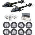 Two Dexter® 10,000 lbs. hydraulic disc brake trailer axles with a 74" track and 46" spring centers, hangers, equalizers, u-bolts, hangers, and springs with eight ST23580R16E dual wheels and tires.