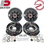 Dexter Pre-Greased 8 on 6-1/2" Hub-Drum 9/16" studs, with Dexter 12" x 2" Electric trailer brakes. For 7K axle, 8-6.50 BC, studded 9/16"-18, 2.25" seal, greased with bearings, & E-Z Lube® Grease Caps. Includes Dexter 023-180-00 & 023-181-00. Includes mounting hardware. These are fully assembled backing plates with shoes, springs, and magnets attached and ready to be mounted. The pair includes one left hand and one right hand brake assembly.