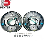 Pair of 10" x 2.25" Genuine Dexter Nev-R-Adjust electric trailer brake assemblies with parts (Dexter Part #023-468-00 & #023-469-00). 4 Hole Mounting. For Alko, Dexter, Quality, Lippert, Rockwell or other popular trailer axle manufacturers. Only works on 3,500 lbs trailer axles with four-hole brake flange. Includes mounting hardware. These are fully assembled backing plates with shoes, springs, and magnets attached and ready to be mounted. The pair includes one left hand and one right hand brake assembly.