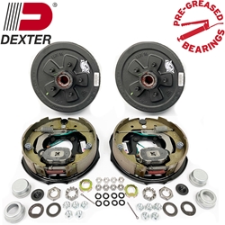 Pre-Greased Dexter 5 on 4-1/2" Hub-Drum with 10" x 2.25" Dexter electric trailer brakes.  For 3.5K axle, 5-4.5- BC, studded, 1/2"-20, 1.718" seal, greased with bearings, & E-Z Lube® Grease Caps. Includes Dexter K23-026-00 & K23-027-00 Electric trailer brakes. Only works on 3,500 lbs trailer axles with four-hole brake flange. Includes mounting hardware. These are fully assembled backing plates with shoes, springs, and magnets attached and ready to be mounted. The pair includes one left hand and one right hand brake assembly.