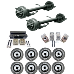 Two Dexter® 10,000 lbs. electric brake trailer axles with a 70" track and 42" spring centers, hangers, equalizers, u-bolts, hangers, and springs with eight 21575R17.5 dual wheels and tires.