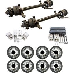 Two Dexter® 15,000 lbs. electric brake axles with a 74" track and 45" spring centers, hangers, equalizers, u-bolts, hangers, and springs with wheels and tires 21575R17.5.