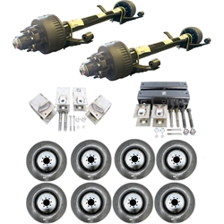 Two Dexter® 12,000 lbs. electric brake trailer axles with a 74" track and 46" spring centers, hangers, equalizers, u-bolts, hangers, and springs with eight 23575R17.5 dual wheels and tires.